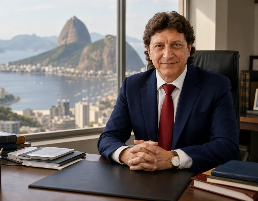Julio Amaro em escritório com vista para o Rio de Janeiro